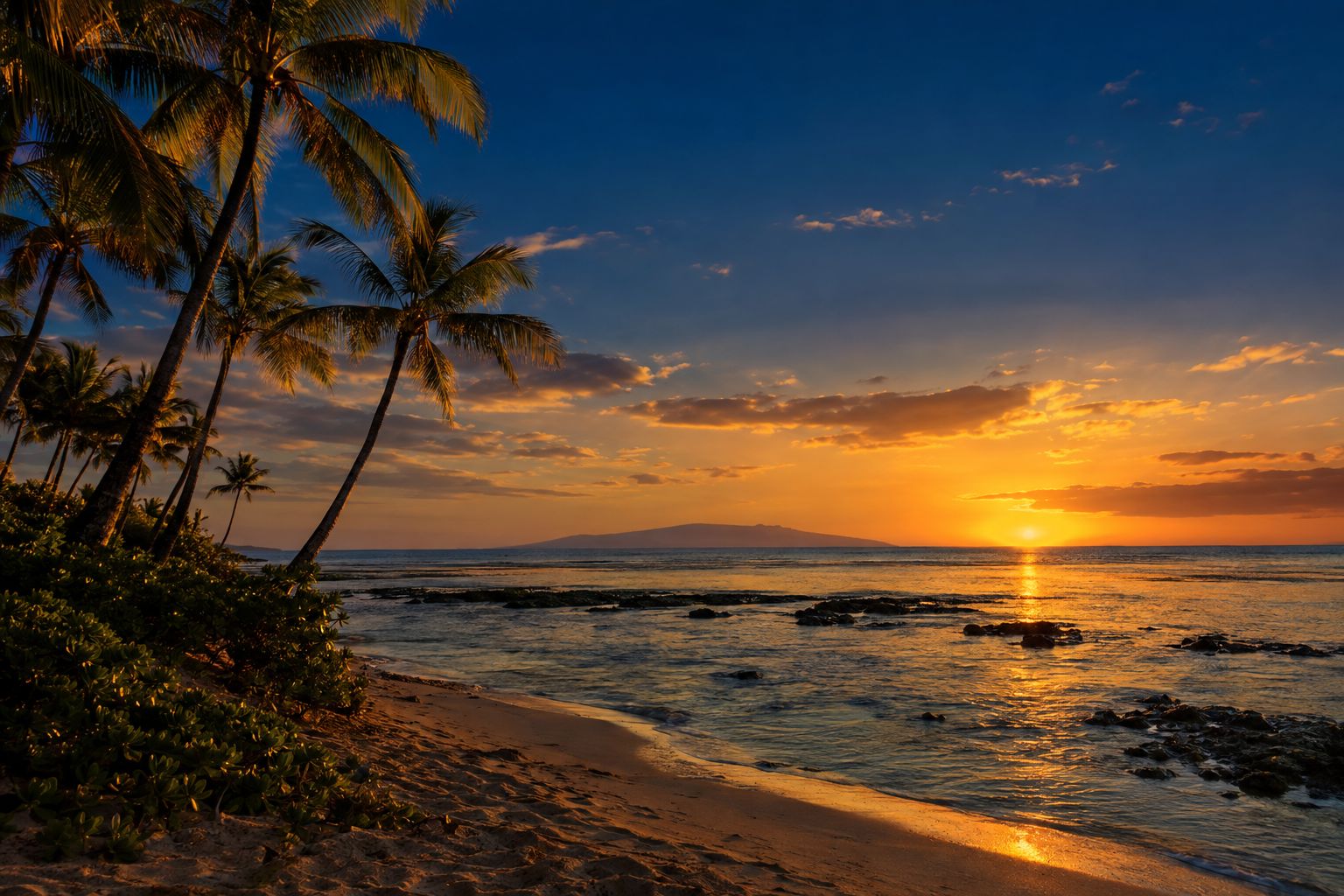 Golden hour on Molokaʻi's south shore with coconut palms and calm reef water