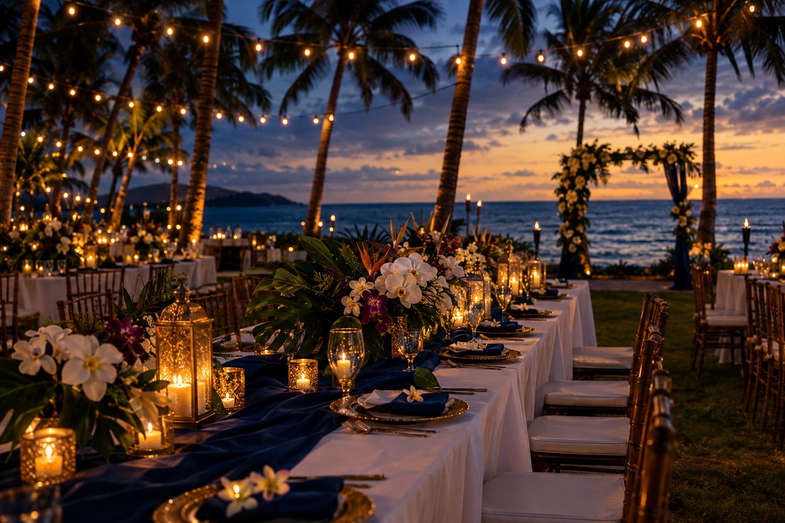 Reception tables with navy runners, gold lanterns and plumeria under palms at dusk