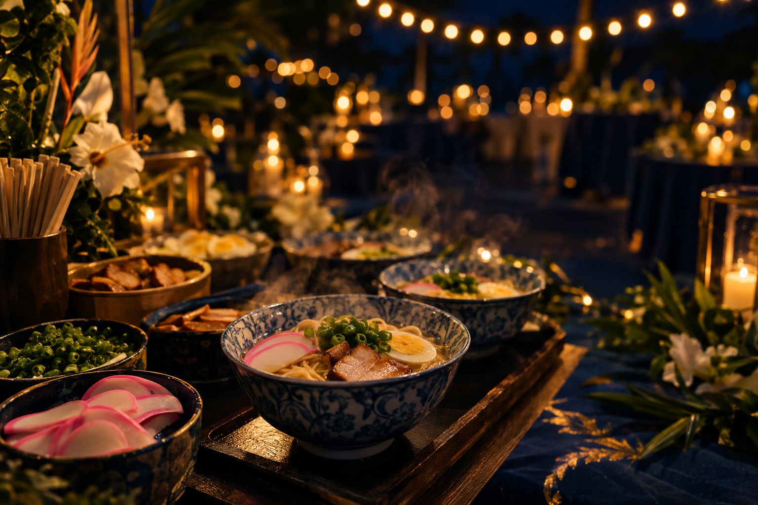 Steaming bowls of saimin with kamaboko and green onion at a late night bar